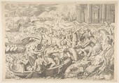 The Abduction of Helen; battle scene on shore with two men pulling Helen into a boat at center, Marco Dente  Italian, Engraving