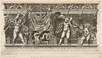 Three cupids in front of a facade with pilasters, one holding a trident and another a large shell, Anonymous, Italian, 16th to early 17th century  Italian, Engraving