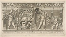 Three cupids in front of a facade with pilasters, one holding a trident and another a large shell, Anonymous, Italian, 16th to early 17th century  Italian, Engraving