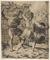 Entellus and Dares fighting in front of classical ruins, Marco Dente Italian, Engraving