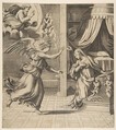 The Annunciation; the archangel Gabriel at left approaching the Virgin kneeling in prayer at right, God the Father in the upper left, Marco Dente Italian, Engraving