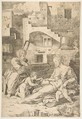 Virgin of the Long Thigh; the Virgin reclining on the ground her left leg outstretched supporting the infant Christ who reaches across to the infant John the Baptist, Joseph seated at left, buildings in the background, Marco Dente  Italian, Engraving