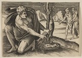 A man kneeling next to a basket of fish and taking one with both hands, two men at right in the background, Marco Dente  Italian, Engraving