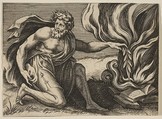 A man kneeling and placing a laurel branch upon a pile of burning books, Marco Dente  Italian, Engraving