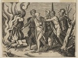 A group of men at right pushing philosophers toward a fire with burning books at the left, Marco Dente Italian, Engraving