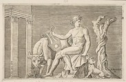 Apollo tending the flocks of Admetus, Apollo seated holding a lyre and flanked by a cow and a dog, a serpent winding around a dead tree at right, Marco Dente Italian, Engraving
