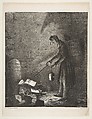 Masked Man using a Lantern to Collect Discarded Pamphlets by a Tombstone, from "Le Charivari", Benard  French, Lithograph