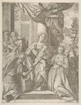 The mystic marriage of Saint Catherine who sits at center with the Christ child, angels with instruments at the left, Agostino Carracci  Italian, Engraving