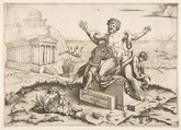 Laocoön and his two sons being attacked by serpents upon a pedestal, a temple to Minerva behind them, another temple and the sea in the background, Marco Dente (Italian, Ravenna, active by 1515–died 1527 Rome), Engraving