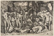 The Skeletons, a group of emaciated men and women gathered around a skeleton laid on the ground and a figure of Death as a winged skeleton standing above it holding an open book, Marco Dente (Italian, Ravenna, active by 1515–died 1527 Rome), Engraving