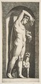 Bacchus standing in a niche holding grapes in his raised right hand, fruit in his left hand, a dog lower right, Marco Dente Italian, Engraving