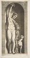 A faun standing in a niche holding aloft a bunch of grapes with his right hand and fruit with his left  hand, a dog lower right, Marco Dente  Italian, Engraving