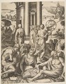 Assembly of male and female scholars gathered around an open book, in the middle ground a man holds aloft an armillary sphere, another group of scholars in the background, Marco Dente  Italian, Engraving