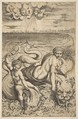 Venus and Cupid riding two sea monsters, Cupid raises an arrow in his right hand, two heads representing wind in the clouds above, Marco Dente Italian, Engraving