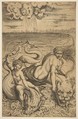 Venus and Cupid riding two sea monsters, Cupid raises an arrow in his right hand, two heads representing wind in the clouds above, Marco Dente  Italian, Engraving