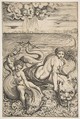 Venus and Cupid riding two sea creatures, Cupid raising an arrow with his right hand and two heads representing wind in the clouds above, Marco Dente Italian, Engraving