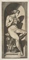 Olympus naked seated on a tree stump holding pipes, set within a niche, Marco Dente  Italian, Engraving