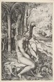 Venus removing a thorn from her left foot while seated on a cloth next to trees, a hare lower right, Marco Dente (Italian, Ravenna, active by 1515–died 1527 Rome), Engraving