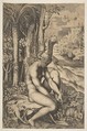 Venus removing a thorn from her left foot while seated on a cloth beside trees and foliage, a hare eating grass before her, Marco Dente  Italian, Engraving
