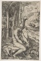 Venus removing a thorn from her left foot while seated beside trees and foliage, a hare eating grass before her, Marco Dente Italian, Engraving