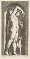 Bacchus standing in a niche holding grapes in his raised right hand, fruit in his left hand, a dog lower right, Marco Dente  Italian, Engraving