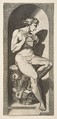 Olympus naked seated on a tree stump holding pipes, set within a niche, Marco Dente  Italian, Engraving