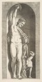 A faun standing in a niche holding aloft a bunch of grapes with his right hand and fruit with his left hand, a dog lower right, Marco Dente Italian, Engraving