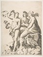 Juno, Ceres, and Psyche in the clouds conversing, Juno seated with a peacock at her feet, Ceres wearing a garland of wheat and Psyche partially naked and holding a cloth, Marco Dente  Italian, Engraving
