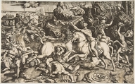 Battle scene in a landscape with soldiers on horseback and several fallen men, another group of riders in the background, Marco Dente (Italian, Ravenna, active by 1515–died 1527 Rome), Engraving