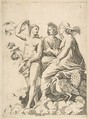 Juno, Ceres, and Psyche in the clouds conversing, Juno seated with a peacock at her feet, Ceres wearing a garland of wheat and Psyche partially naked and holding a cloth, Marco Dente  Italian, Engraving