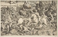 Battle scene in a landscape with soldiers on horseback and several fallen men, another group of riders in the background, Marco Dente  Italian, Engraving