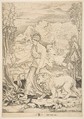 Fortitude in profile view walking toward a fire at left and leading a harnessed lion, a landscape in the background, Marco Dente Italian, Engraving