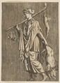 Woman returning from a hunt carrying a boar in her left hand and a stick on her right shoulder to which a hare and two ducks are tied, Anonymous, Italian, 16th to early 17th century  Italian, Engraving