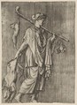 Woman returning from a hunt carrying a boar in her right hand and a stick on her left shoulder to which a hare and two ducks are tied, Marco Dente  Italian, Engraving