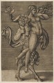 Satyr carrying a nymph restraining her right arm, Marco Dente  Italian, Engraving