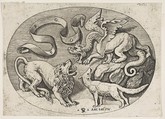 A lion, dragon and fox fighting each other, an inscribed banderole above, an oval composition, Marco Dente Italian, Engraving
