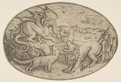 A lion, dragon and fox fighting each other, boats on the sea in the background, an oval composition, Anonymous, Italian, 16th to early 17th century Italian, Engraving
