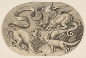 A lion, dragon and fox fighting each other, an inscribed banderole above, an oval composition, Marco Dente Italian, Engraving