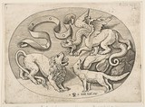A lion, dragon and fox fighting each other, an inscribed banderole above, an oval composition, Marco Dente Italian, Engraving