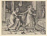 Joseph and Potiphar's Wife, Lucas van Leyden Netherlandish, Engraving; first state
