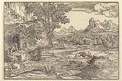 Landscape with Saint Jerome at left looking towards lion and bear  fighting at center; two figures with mule in the background, Domenico Campagnola  Italian, Woodcut