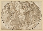Martyrdom of St. Andrew, Ferdinand Pierre Joseph Ignace Delamonce (French, Munich 1678–1753 Lyon), Pen and brown ink, brown wash, over black chalk. Oval framing lines in pen and black ink.
