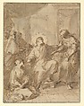 Christ in the House of Martha and Mary, Ferdinand Pierre Joseph Ignace Delamonce (French, Munich 1678–1753 Lyon), Pen and brown ink, brown and gray wash, over traces of graphite; squared in red chalk and graphite