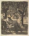 A Man Reading in a Garden (recto); Preliminary sketch for a Man Reading in a Garden (verso), Honoré Daumier (French, Marseilles 1808–1879 Valmondois), Watercolor over black chalk, with pen and ink, brush and wash, and lithographic crayon.
Verso: pen and brown ink, black gray wash, and lithographic crayon