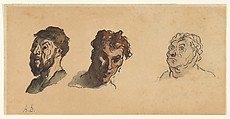 Three Male Heads, Honoré Daumier (French, Marseilles 1808–1879 Valmondois), Pen and black ink, red and brown wash, over black chalk; on beige paper, lined
