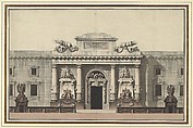 Elevation of the Entrance to an Arsenal, Attributed to Jean Charles Delafosse (French, Paris 1734–1789 Paris), Pen and black ink with brush and gray, brown and blue washes
