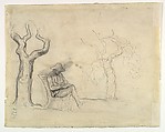 A Man Reading in a Garden (recto); Preliminary sketch for a Man Reading in a Garden (verso), Honoré Daumier (French, Marseilles 1808–1879 Valmondois), Watercolor over black chalk, with pen and ink, brush and wash, and lithographic crayon.
Verso: pen and brown ink, black gray wash, and lithographic crayon