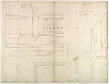 St. Peter's, exterior, tabernacle, elevation and section at base with details of pedestal and railing, (recto)
St. Peter's, exterior, tabernacle, elevation and section at arched opening (verso), Drawn by Anonymous, French, 16th century, Dark brown ink, black chalk, and incised lines