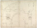 St. Peter's, exterior, tabernacle, elevation and section at base with details of pedestal and railing, (recto)
St. Peter's, exterior, tabernacle, elevation and section at arched opening (verso), Drawn by Anonymous, French, 16th century, Dark brown ink, black chalk, and incised lines