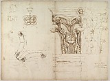 St. Peter's, Corinthian capital, elevation; base, elevation; volute, end elevation, profile, and view from below (recto) St. Peter's, Corinthian capital, acanthus leaf details and profiles of two cornice mouldings (verso), Drawn by Anonymous, French, 16th century, Dark brown ink, black chalk, and incised lines